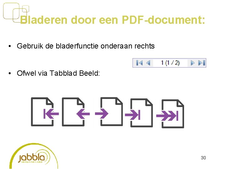 Bladeren door een PDF-document: • Gebruik de bladerfunctie onderaan rechts • Ofwel via Tabblad