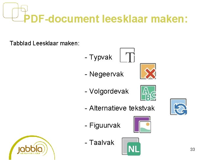 PDF-document leesklaar maken: Tabblad Leesklaar maken: - Typvak - Negeervak - Volgordevak - Alternatieve