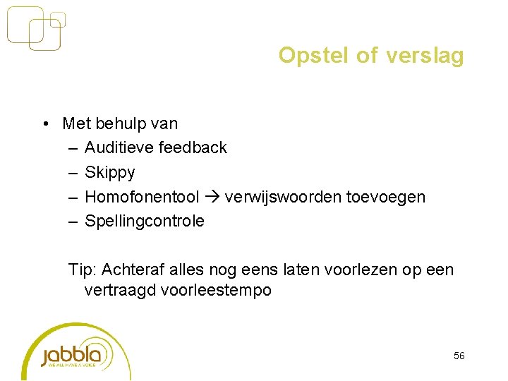 Opstel of verslag • Met behulp van – Auditieve feedback – Skippy – Homofonentool