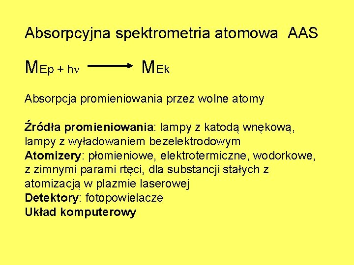 Absorpcyjna spektrometria atomowa AAS MEp + hν MEk Absorpcja promieniowania przez wolne atomy Źródła