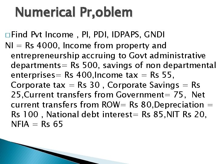 Numerical Pr, oblem � Find Pvt Income , PI, PDI, IDPAPS, GNDI NI =