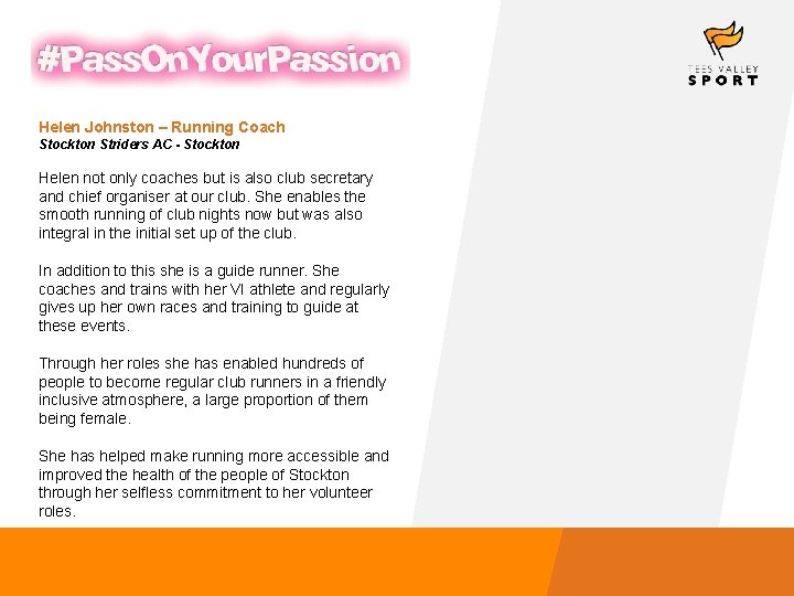 Helen Johnston – Running Coach Stockton Striders AC - Stockton Helen not only coaches