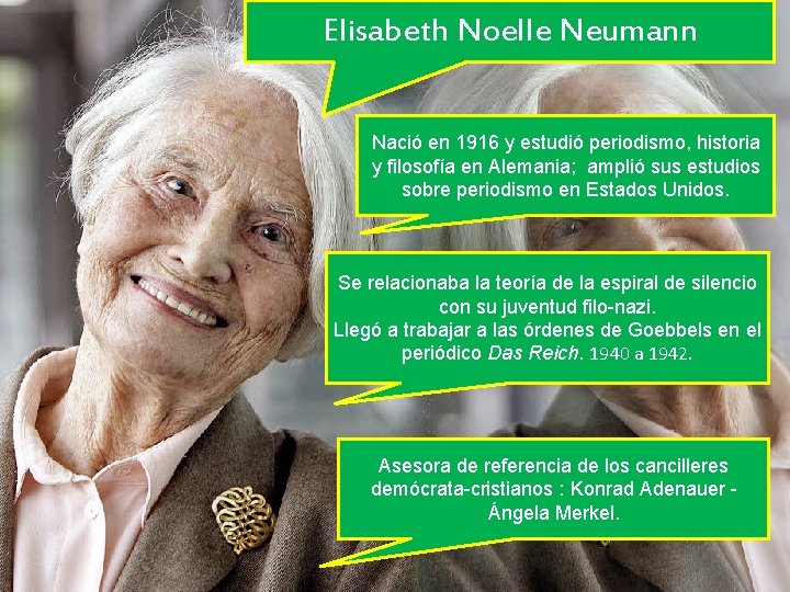 Elisabeth Noelle Neumann Nació en 1916 y estudió periodismo, historia y filosofía en Alemania;