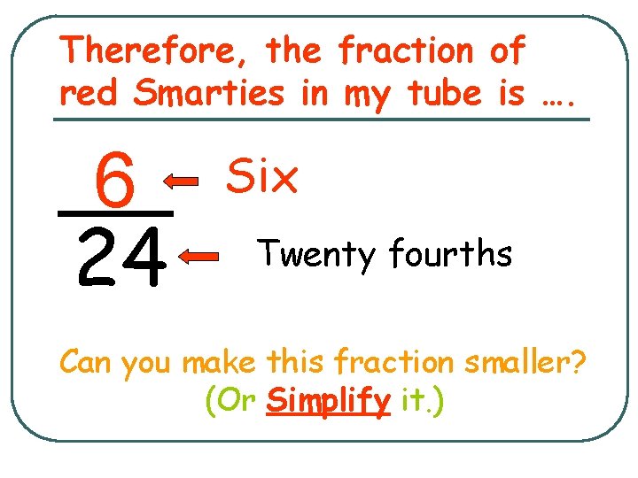 Therefore, the fraction of red Smarties in my tube is …. 6 24 Six