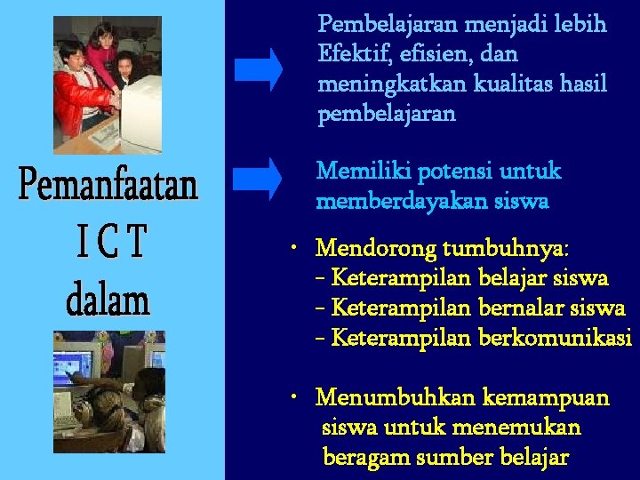 Pembelajaran menjadi lebih Efektif, efisien, dan meningkatkan kualitas hasil pembelajaran Memiliki potensi untuk memberdayakan