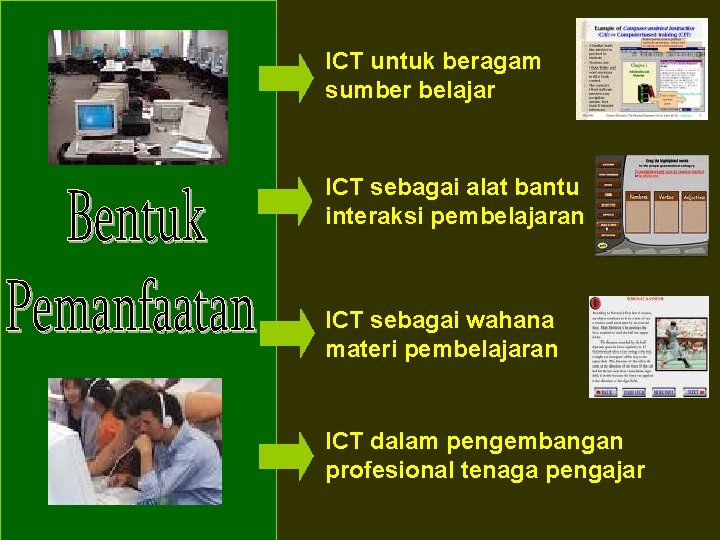 ICT untuk beragam sumber belajar ICT sebagai alat bantu interaksi pembelajaran ICT sebagai wahana
