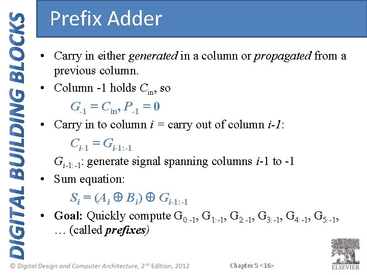 Prefix Adder • Carry in either generated in a column or propagated from a Prefix Adder • Carry in either generated in a column or propagated from a