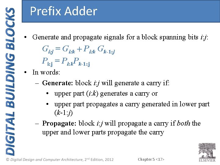 Prefix Adder • Generate and propagate signals for a block spanning bits i: j: Prefix Adder • Generate and propagate signals for a block spanning bits i: j: