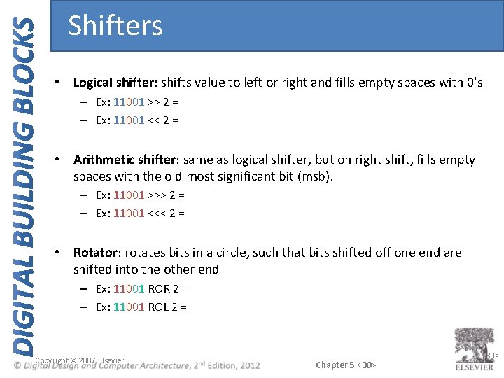 Shifters • Logical shifter: shifts value to left or right and fills empty spaces Shifters • Logical shifter: shifts value to left or right and fills empty spaces