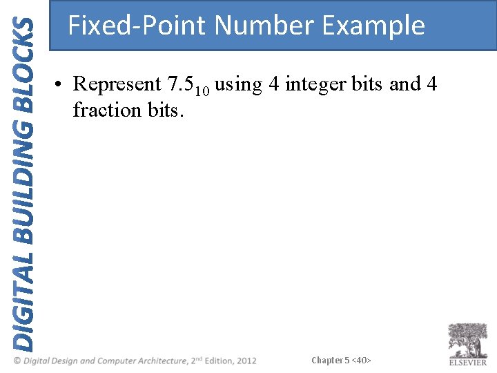 Fixed-Point Number Example • Represent 7. 510 using 4 integer bits and 4 fraction Fixed-Point Number Example • Represent 7. 510 using 4 integer bits and 4 fraction
