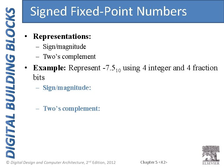 Signed Fixed-Point Numbers • Representations: – Sign/magnitude – Two’s complement • Example: Represent -7. Signed Fixed-Point Numbers • Representations: – Sign/magnitude – Two’s complement • Example: Represent -7.