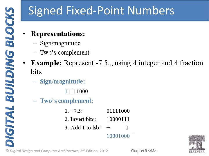 Signed Fixed-Point Numbers • Representations: – Sign/magnitude – Two’s complement • Example: Represent -7. Signed Fixed-Point Numbers • Representations: – Sign/magnitude – Two’s complement • Example: Represent -7.