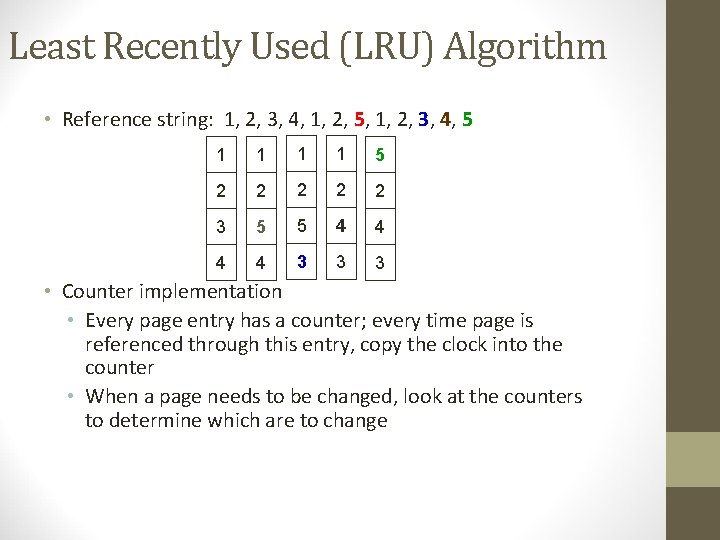 Least Recently Used (LRU) Algorithm • Reference string: 1, 2, 3, 4, 1, 2,