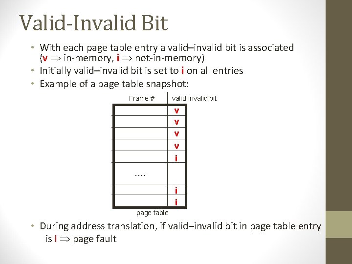 Valid-Invalid Bit • With each page table entry a valid–invalid bit is associated (v