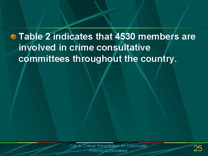 Table 2 indicates that 4530 members are involved in crime consultative committees throughout the