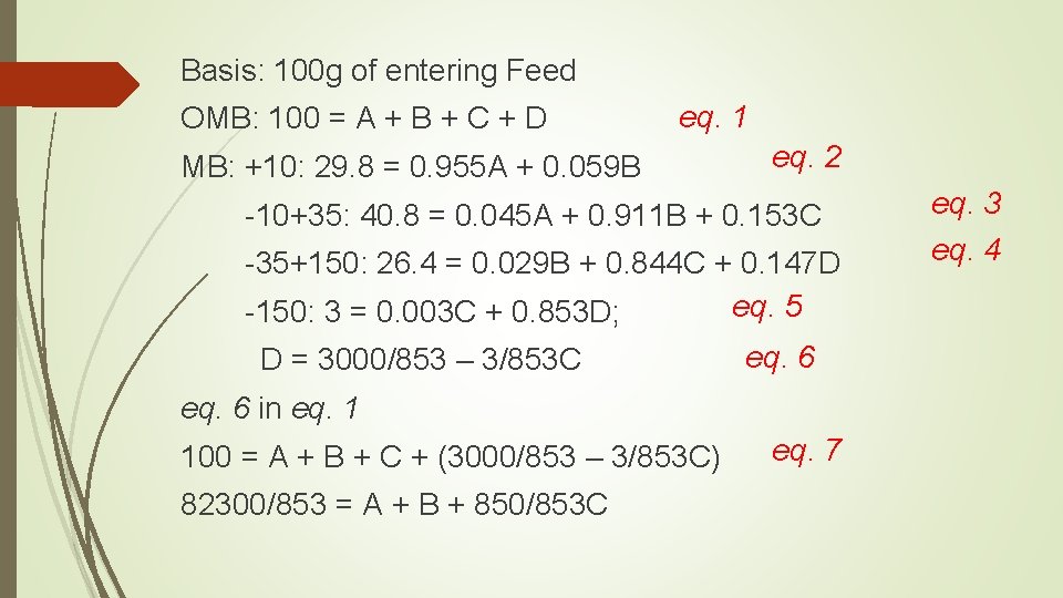 Basis: 100 g of entering Feed OMB: 100 = A + B + C