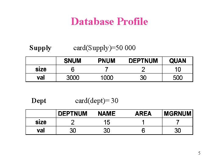 Database Profile Supply card(Supply)=50 000 Dept card(dept)= 30 5 