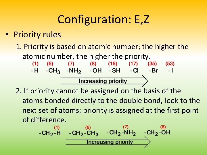 Configuration: E, Z • Priority rules 1. Priority is based on atomic number; the