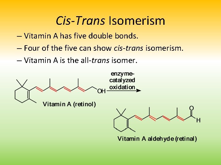 Cis-Trans Isomerism – Vitamin A has five double bonds. – Four of the five