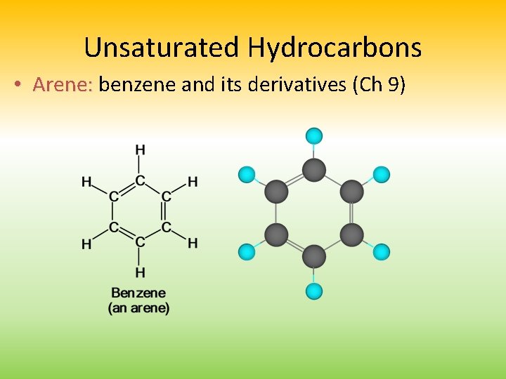 Unsaturated Hydrocarbons • Arene: benzene and its derivatives (Ch 9) 