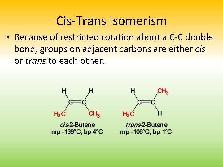 Cis-Trans Isomerism • Because of restricted rotation about a C-C double bond, groups on