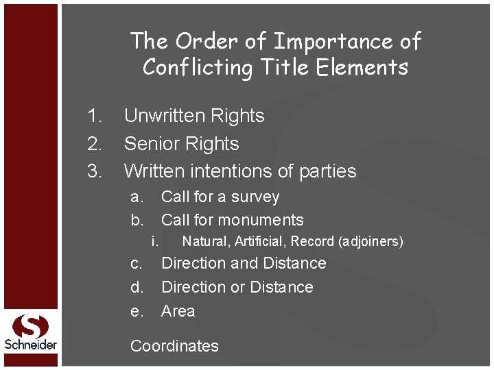 The Order of Importance of Conflicting Title Elements 1. 2. 3. Unwritten Rights Senior