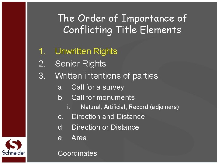 The Order of Importance of Conflicting Title Elements 1. 2. 3. Unwritten Rights Senior