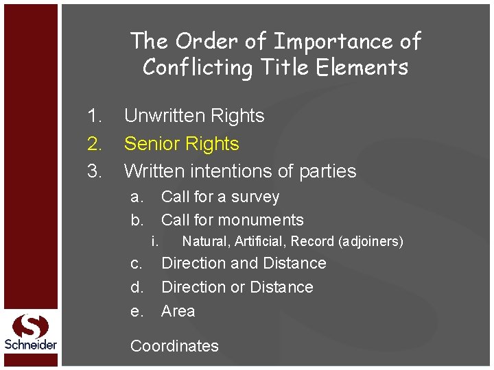 The Order of Importance of Conflicting Title Elements 1. 2. 3. Unwritten Rights Senior