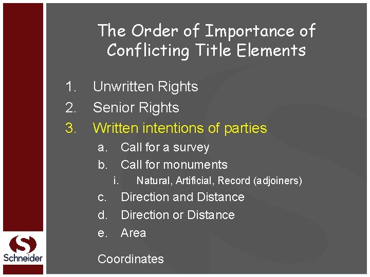 The Order of Importance of Conflicting Title Elements 1. 2. 3. Unwritten Rights Senior