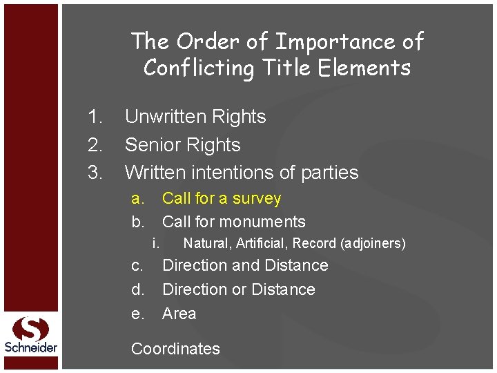 The Order of Importance of Conflicting Title Elements 1. 2. 3. Unwritten Rights Senior