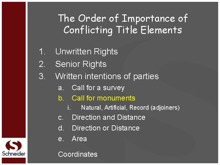 The Order of Importance of Conflicting Title Elements 1. 2. 3. Unwritten Rights Senior