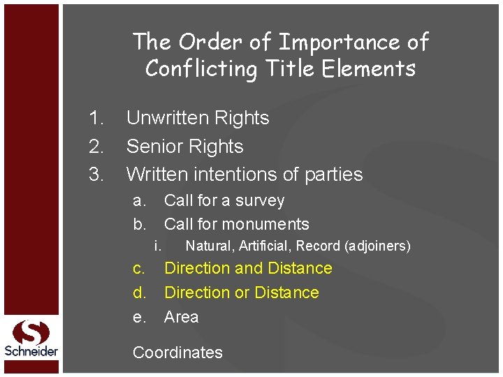 The Order of Importance of Conflicting Title Elements 1. 2. 3. Unwritten Rights Senior