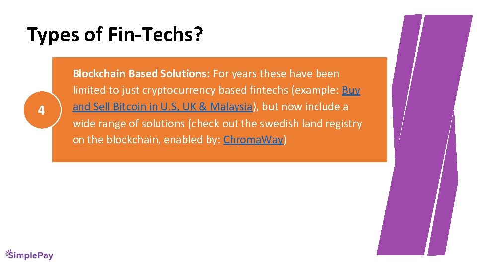 Types of Fin-Techs? 4 Blockchain Based Solutions: For years these have been limited to