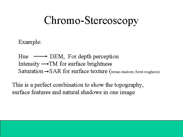 Chromo-Stereoscopy Example: Hue DEM, For depth perception Intensity TM for surface brightness Saturation SAR