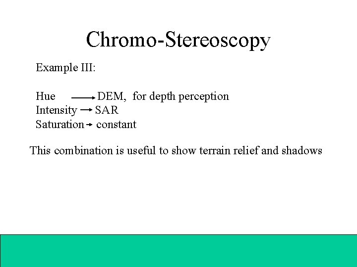 Chromo-Stereoscopy Example III: Hue DEM, for depth perception Intensity SAR Saturation constant This combination