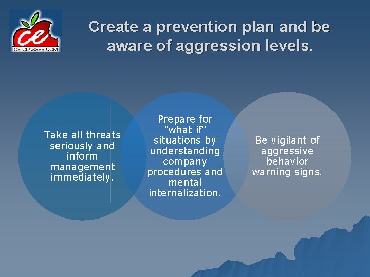 Create a prevention plan and be aware of aggression levels. Take all threats seriously