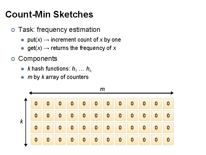 Count-Min Sketches ¢ Task: frequency estimation l l ¢ put(x) → increment count of