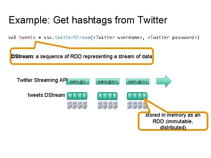 Example: Get hashtags from Twitter val tweets = ssc. twitter. Stream(<Twitter username>, <Twitter password>)