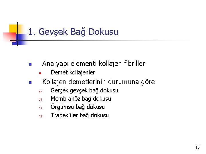 1. Gevşek Bağ Dokusu Ana yapı elementi kollajen fibriller n n Demet kollajenler Kollajen