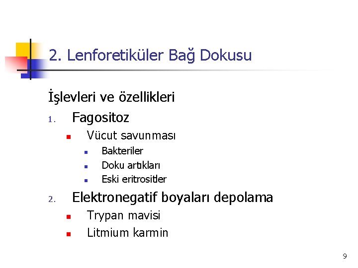 2. Lenforetiküler Bağ Dokusu İşlevleri ve özellikleri 1. Fagositoz n Vücut savunması n n