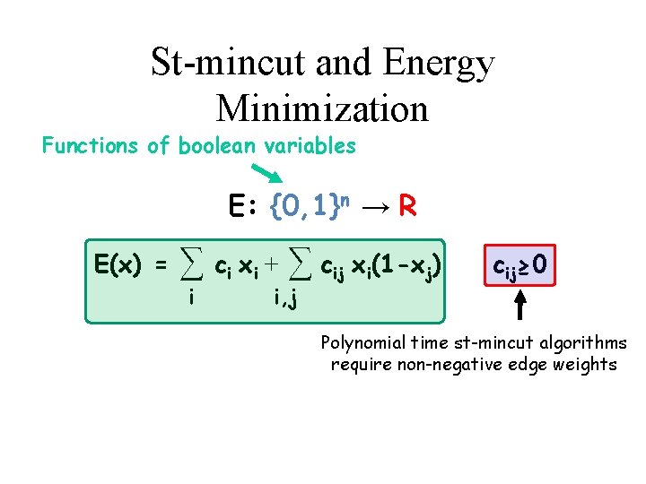 St-mincut and Energy Minimization Functions of boolean variables E: {0, 1}n → R E(x)