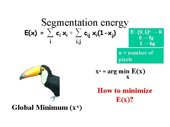 Segmentation energy E(x) = ∑ ci xi + ∑ cij xi(1 -xj) i i,