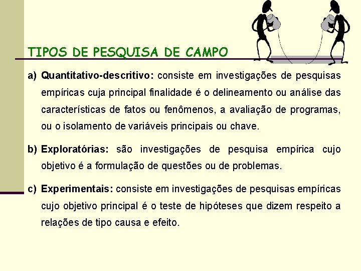 TIPOS DE PESQUISA DE CAMPO a) Quantitativo-descritivo: consiste em investigações de pesquisas empíricas cuja