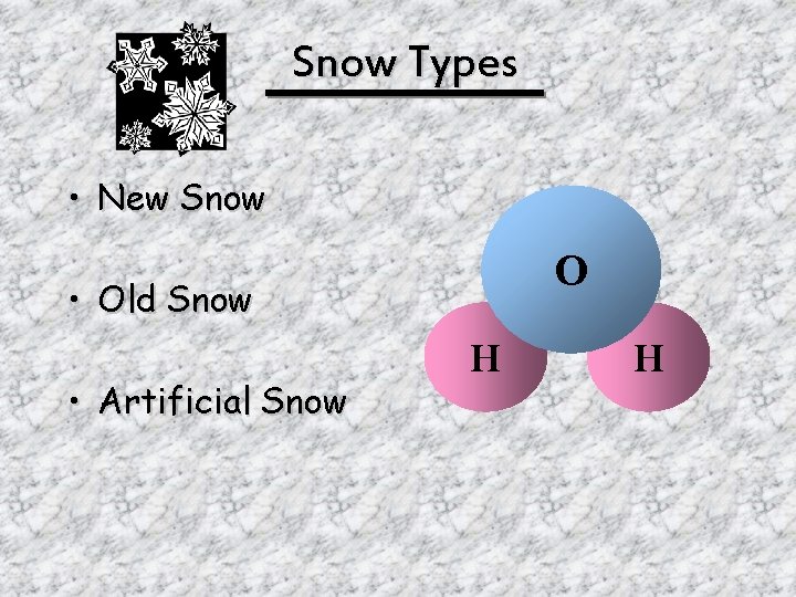 Snow Types • New Snow O • Old Snow • Artificial Snow H H
