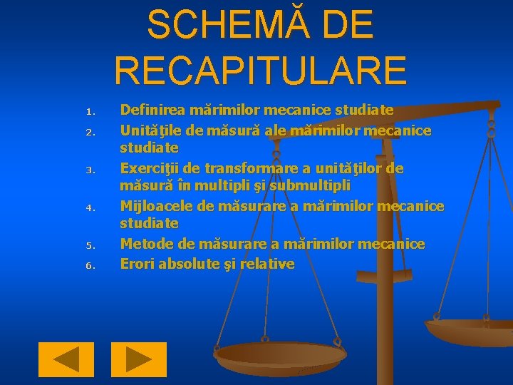 SCHEMĂ DE RECAPITULARE 1. 2. 3. 4. 5. 6. Definirea mărimilor mecanice studiate Unităţile