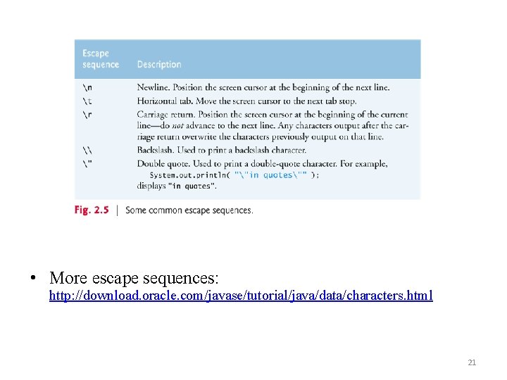  • More escape sequences: http: //download. oracle. com/javase/tutorial/java/data/characters. html 21 