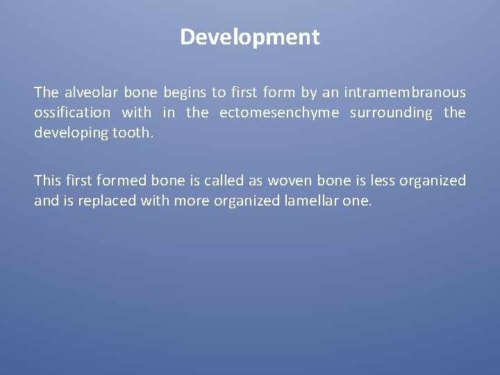 Development The alveolar bone begins to first form by an intramembranous ossification with in