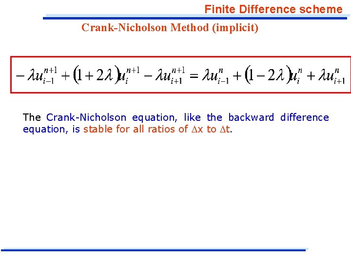 Finite Difference scheme Crank-Nicholson Method (implicit) The Crank-Nicholson equation, like the backward difference equation,