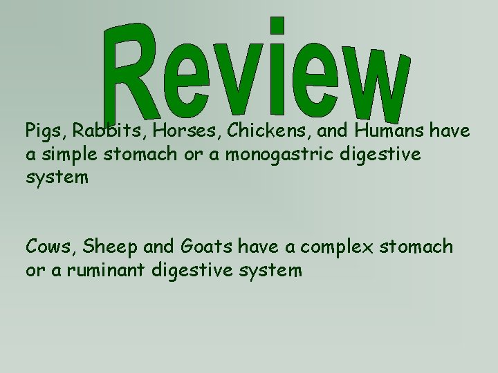 Pigs, Rabbits, Horses, Chickens, and Humans have a simple stomach or a monogastric digestive