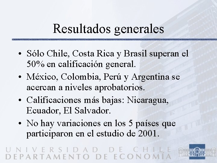 Resultados generales • Sólo Chile, Costa Rica y Brasil superan el 50% en calificación